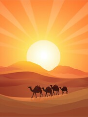 Desert Caravan Silhouette: A picturesque desert scene with a caravan of camels silhouetted against the vibrant colors of a sunset sky, a perfect blend of serenity and adventure.