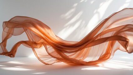 Flying orange organza fabric in a curved shape, a piece of textile orange organza fabric falling through the air.