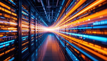 Fototapeta premium Brightly lit long corridor in a high-tech facility emphasizing modern design and advanced infrastructure