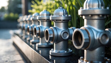 Fototapeta premium series of pipes fitted with outlets for fire hoses, representing preparedness and safety measures in fire prevention and emergency response