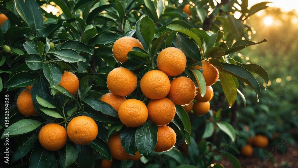Poster oranges on a branch with green foliage