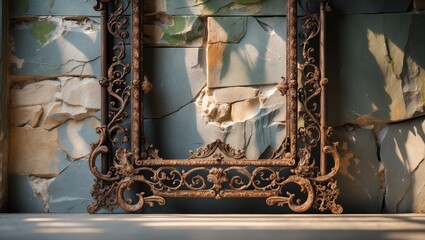 Ornate wrought iron frame positioned against a textured stone backdrop, highlighting traditional decorative metalwork design.