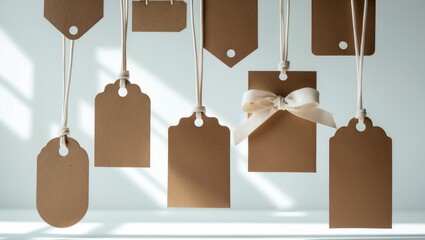 Set of brown tags featuring cord or thread made from natural craft paper and cardboard. Various shapes and arrangements. Light-colored thread. Cut out against a blank background.