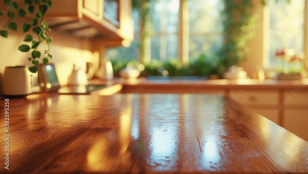 Poster selective focus. wooden tabletop with a blurred kitchen counter background. suitable for product dis