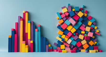 Order and chaos. Unorganized colored dominoes contrasted with ordered ones. Concept of business model and organization. Left and right brain hemisphere.