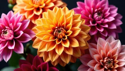 Close-up dahlia flower arrangement, repeating motif, rich color, textile, elegant, floral