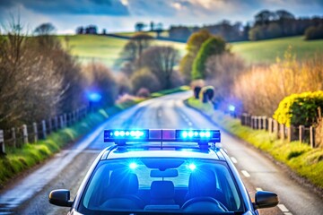 The flashing blue lights of an emergency police car, vehicle on a country road in he UK