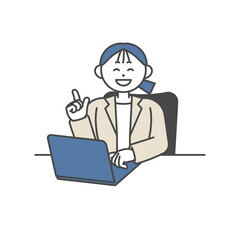 ノートパソコンを開いて説明する女性