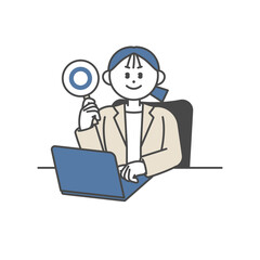 ノートパソコンを開いてマル印を立てる女性