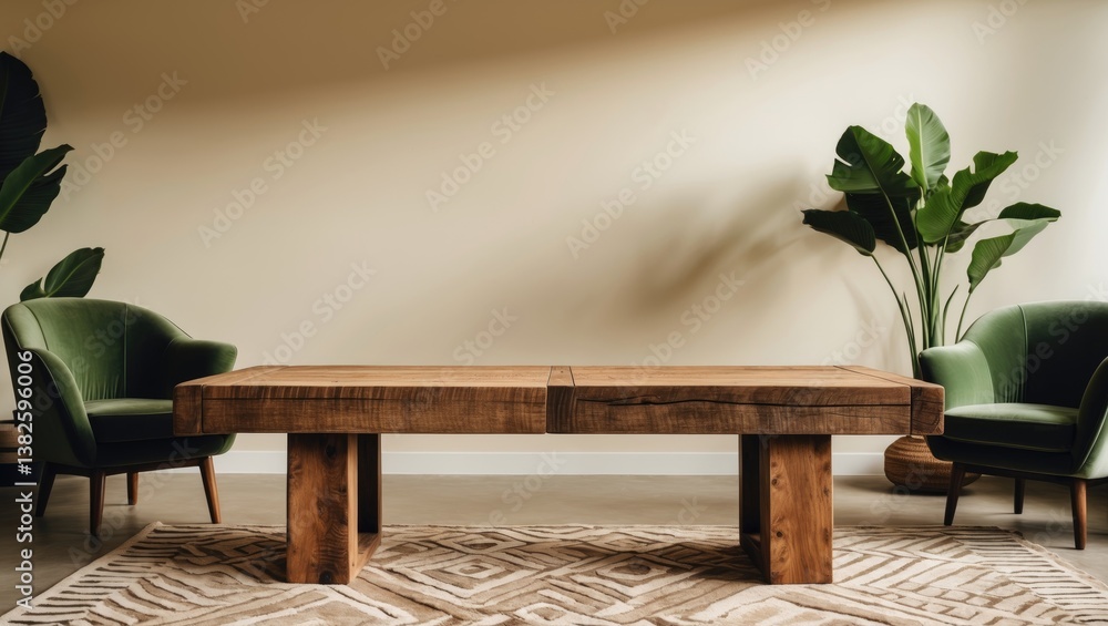 Aufkleber modern living area showcasing a wooden table with plenty of open space for displaying products. styl