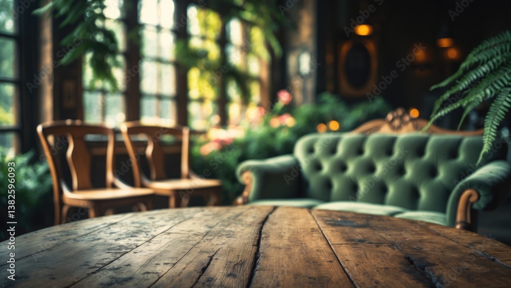 Poster selected focus on an empty brown wooden table with a blurred background featuring a bokeh effect, id