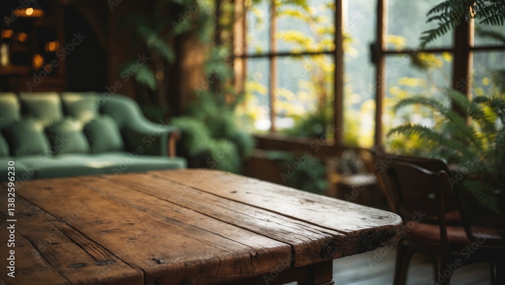 Poster selected focus on an empty brown wooden table with a blurred background featuring a bokeh effect for