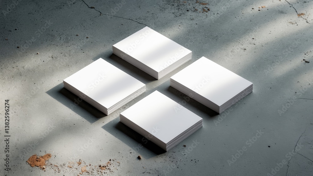Poster set of four white rectangular business card mockups displaying soft shadows on a grey concrete surfa