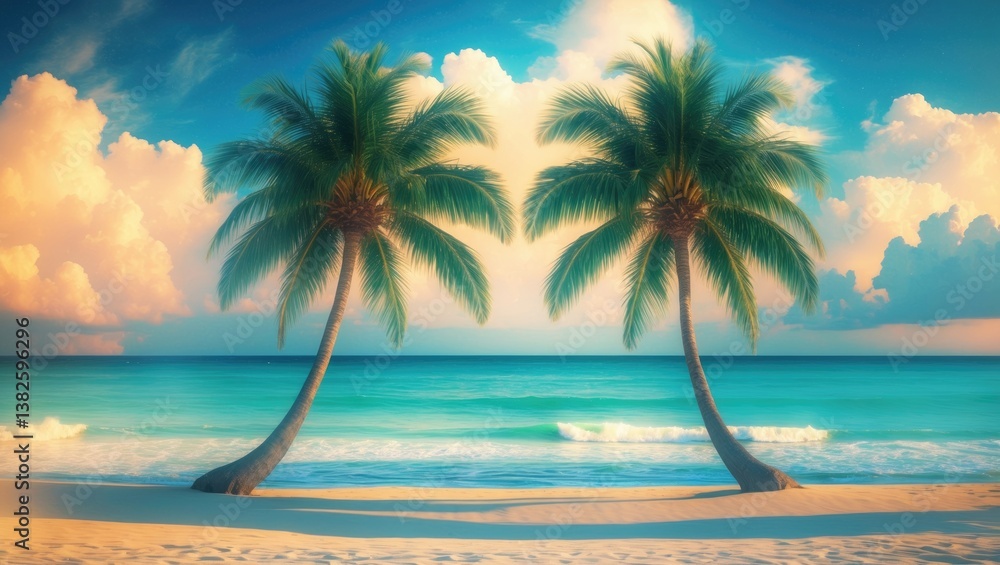 Aufkleber Palm tree on tropical beach with azure sky and fluffy clouds abstract backdrop. Copy space for summer vacation and travel idea.