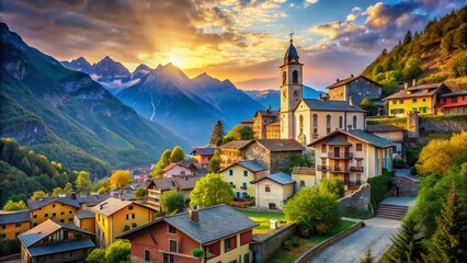 Fototapeta premium Charming Italian Alpine Town: Church & Houses, Scenic Vista