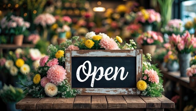 Open sign displayed on a table surrounded by a bouquet of flowers.