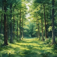 Obraz premium Watercolor Forest Trees Seamless Pattern Illustration Featuring Oak Pine Fir and Green Plants