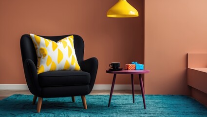 Warm and inviting living room interior featuring an armchair, coffee table, decorative pillow, rug, vase with dried flowers, and personal items. Home decor. Template.