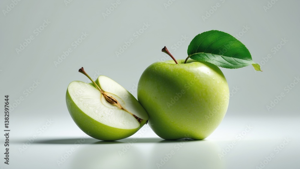 Poster one green apple and a quarter piece separated on a white background with a clipping path.