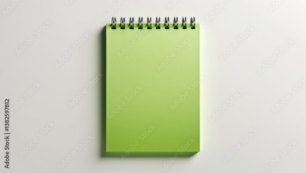 Poster open spiral bound notepad featuring green sheets, set against a white background. aerial view, blank