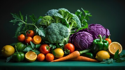 Template for design featuring a front angle on the backdrop. Fresh vegetables and fruits arranged on a counter, with vacant space for product advertising and placement.