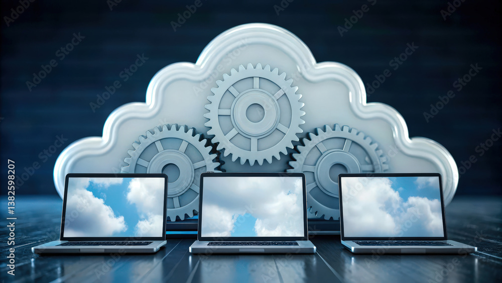 Poster a modern cloud computing graphic featuring laptops and gears, symbolizing technology and connectivit