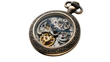 Close up view of an ornate pocket watch with visible gears and intricate detailing on a black background