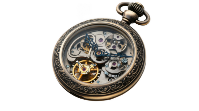 Close up view of an ornate pocket watch with visible gears and intricate detailing on a black background