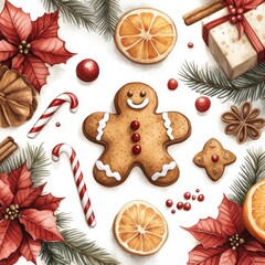 Cozy Christmas Seamless Pattern Watercolor Illustration Gingerbread Cookies Poinsettias Cinnamon Candy Canes