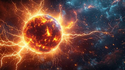 Fototapeta premium Fiery Celestial Inferno: A Molten Planet Engulfed in Cosmic Lightning