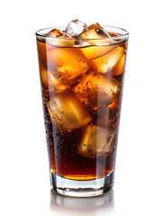A refreshing glass of iced cola filled with large ice cubes and bubbles, served cold against a white background