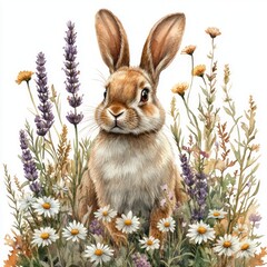 Brown and White Rabbit Surrounded by Daisies and Lavender in Watercolor Illustration for Easter and Spring Decor