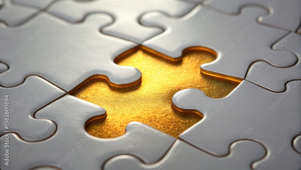 Poster a close-up view of a white puzzle piece with a shiny golden center, highlighting the concept of comp