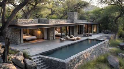 Fototapeta premium Modern eco-friendly house with pool surrounded by beautiful nature providing a luxurious sustainable retreat