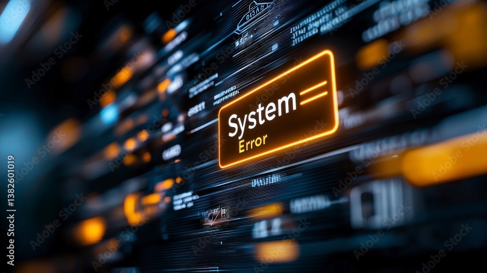 Poster digital system error: a high-tech, close-up view of a digital display screen showcasing a 