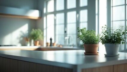 Beautiful empty wood table top counter and blurred bokeh modern kitchen interior background in bright and clean setting.