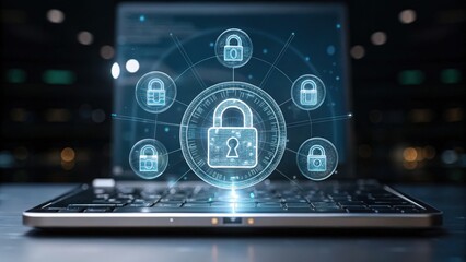 A modern laptop displaying digital security icons, symbolizing cybersecurity and data protection.