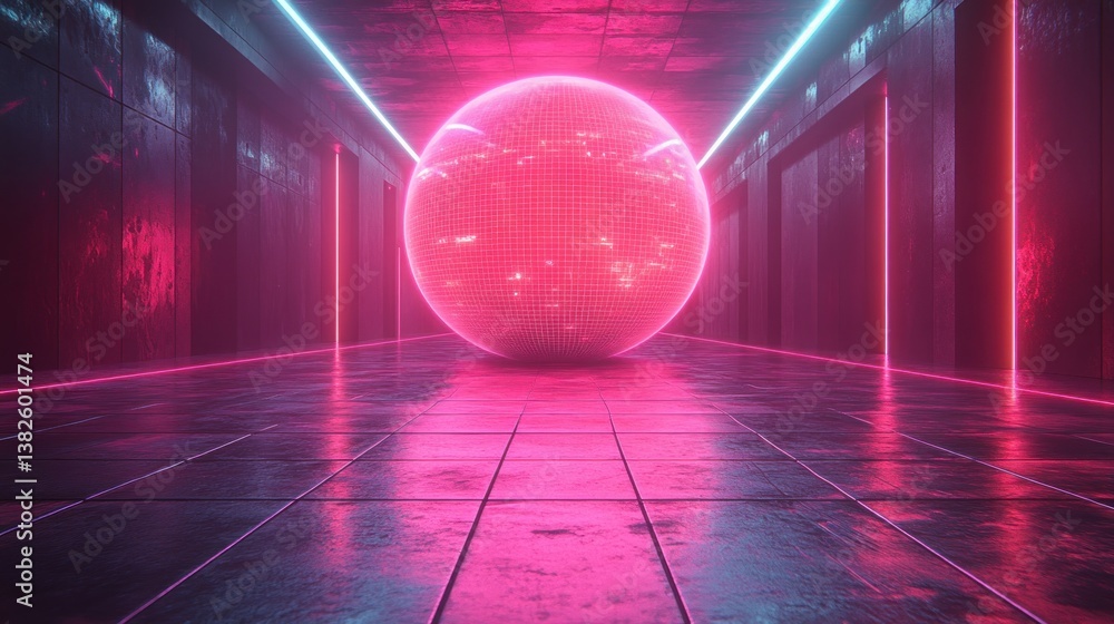 Leinwandbilder futuristic sphere of particles and energy in a neon grid room with abstract design and digital techn
