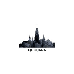 Naklejka premium Ljubljana panorama, vector badge, skyline logo and icon. Slovenia capital city horizon logotype with landmarks and building silhouettes. Isolated foggy abstract gradient graphic