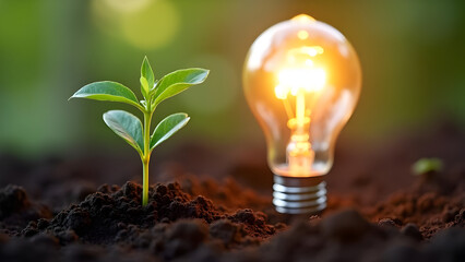 Sustainable Energy Concept with Glowing Light Bulb and Sprouting Plants on Rich Soil, Symbolizing Eco-Friendly Innovation, Green Solutions, and the Bright Future of Renewable Resources in Environment.