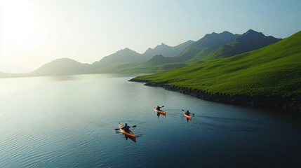 Three kayakers paddling on a serene lake surrounded by mountains and green hills.