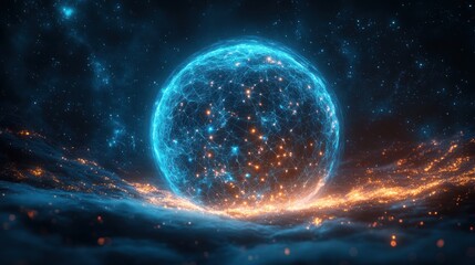 Obraz premium Futuristic Digital Network Sphere Abstract Representation with Blue Neon Light in Deep Space