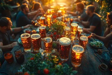 Friends Toasting Beer at Outdoor Gathering with Vibrant Colors and Happy Atmosphere