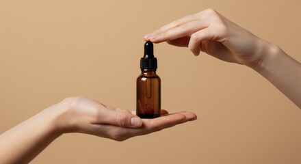 Hands Holding Brown Glass Dropper Bottle with Black Cap on Beige Background - Minimalist Skincare Photography
