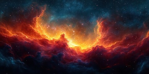 Naklejka premium Vibrant Interstellar Nebula with Swirling Red and Blue Gases and Ethereal Stars in Cosmic Environment