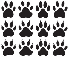 Paw foot trail print of animal. Dog, cat, bear, puppy silhouette. Different animal. Dog paw print, icon Vector.
