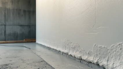 Fresh concrete wall at the construction site, gray wall accompanied by a cement floor, renovation process background in construction, abstract.