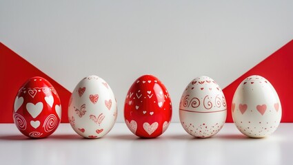 Easter backgrounds featuring a row of eggs against a white-red backdrop. Copy space available. Flat lay, top view.