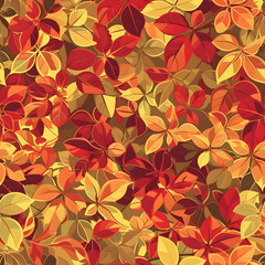 A vibrant pattern of autumn leaves in various shades of red, orange, and yellow.