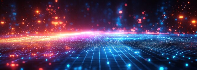 Obraz premium Futuristic Digital Wireframe Landscape Abstract Technology Background with Glowing Points and Connections in a Cyberpunk Style